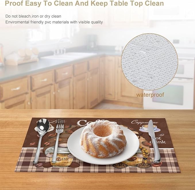 Coffee Gnomes Placemat Set of 4, 12x18 Inch Rustic Brown Plaid Buffalo Plaid Coffee Cups Beans Print Farmhouse Washable Heat Resistant Table Mats for Outdoor Farmhouse Kitchen Dining Decor