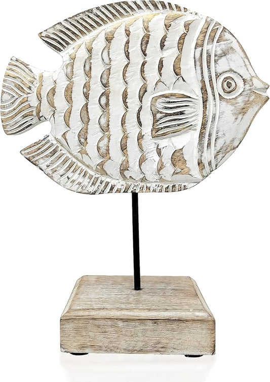 Wooden Fish Sculpture Home Decor | Handmade Angel Fish Statue on Stand | Sea Nautical Beach House Decor Art Piece | Whitewashed Rustic Centerpiece Table Decor for Office, Living Room (Angelfish)