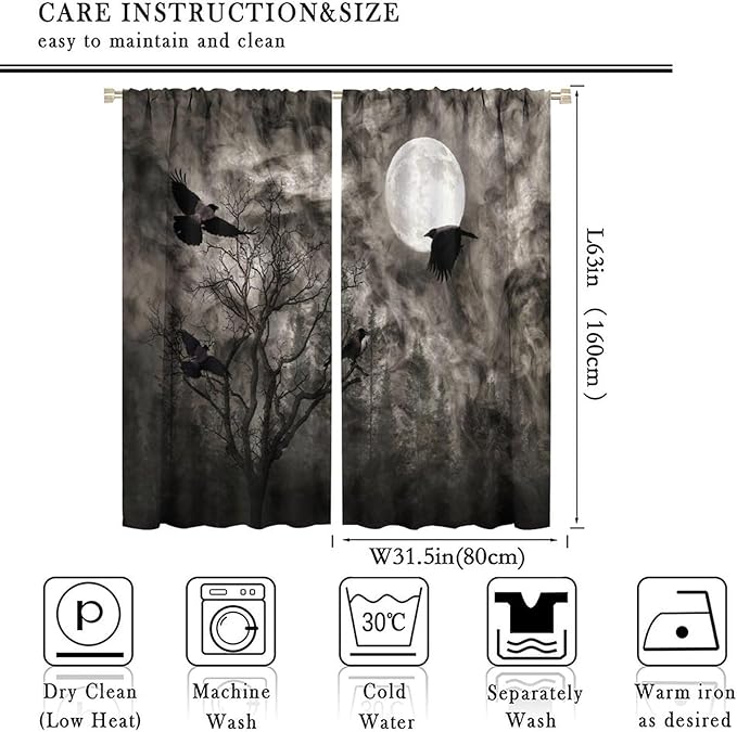Gothic Crow Blackout Window Curtains, Gothic Style Dark Sky Full Moon Raven Halloween Pattern Window Drapes, for Home Bedroom Living Room 31.5(W)*63(L) 2 Panels