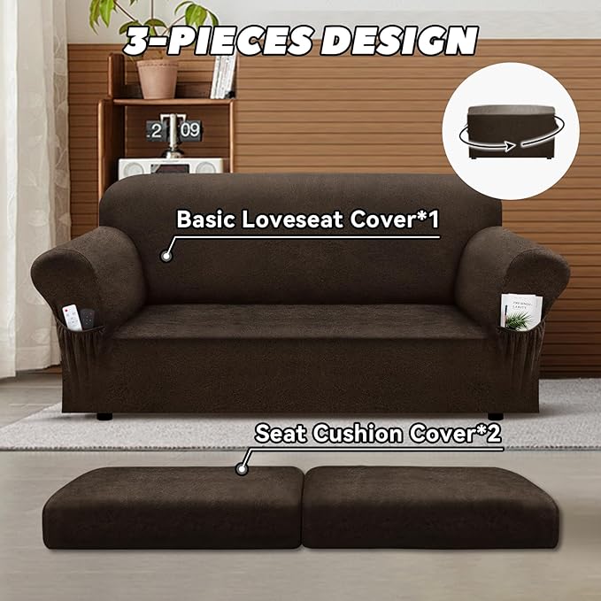 Loveseat Slipcover with Armrest Pockets 3-Piece Set, Stretch Faux Leather Love Seat Covers for 2-Cushion Couches(Fits 58-66") - Non-Slip, Machine Washable, Pet & Kid Friendly - Brown