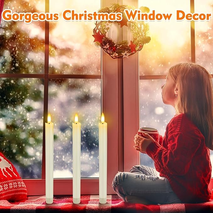 HINZER 6 Pcs Flameless Taper Candles with Remote & Timer 9.6 inch Real Wax Battery Operated LED Warm 3D Wick Flickering Window Candles for Halloween Christmas Wedding Decor, Ivory