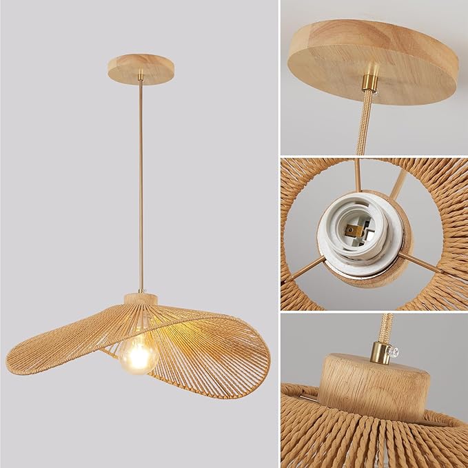 Boho Rattan Pendant Light Fixture Modern Style Hanging Light Bohia Natural Bamboo Handmade1-Light Hanging Lamp for Farmhouse Bedroom Living Room Dining Room