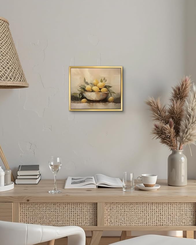 AIMAILON Vintage Gold Canvas Wall Art Framed Decor Classical Print Home Decoration for Kitchen Living Room Expressive Brushstrokes Yellow Lemon Lemon with Leaves Still Life Picture 8x10