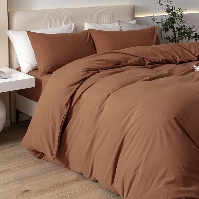 JIYUAN 100% Washed Cotton Duvet Cover Set 3 Pieces Full, 1 Duvet Cover 80x90 Inches(Comforter Not Included) and 2 Pillowcases,Linen Feel Bedding Set Comfy and Breathable,Burnt Orange