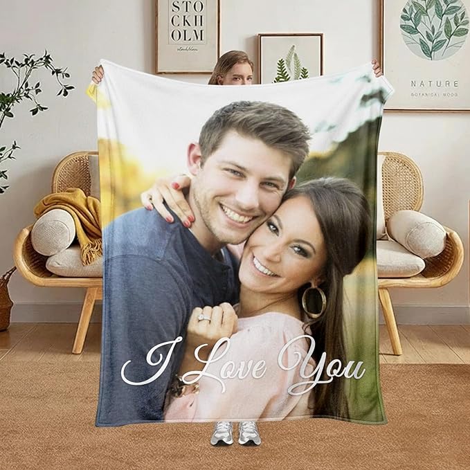Jecivila Custom Blanket with Picture Text Personalized Photo Flannel Throw Blankets Customized Couple Gifts for Girlfriend Boyfriend Wife Husband on Valentine's Day Birthday