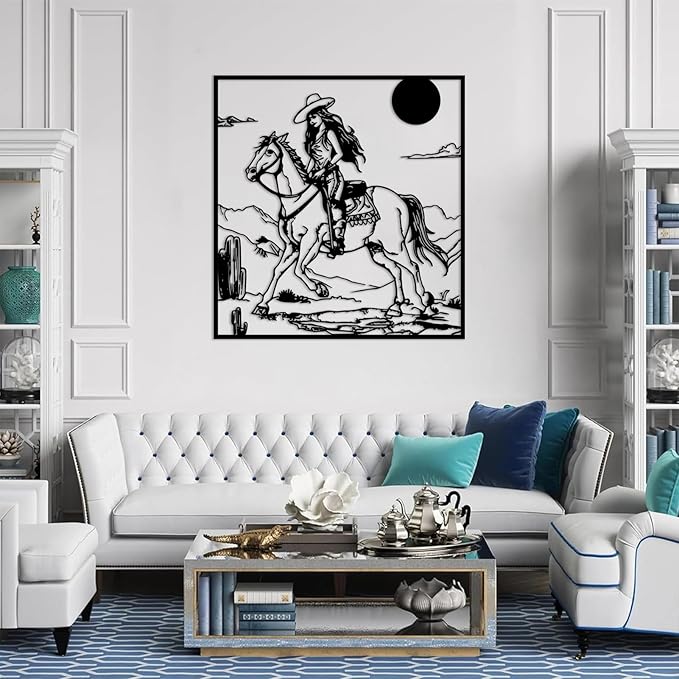 Vintage Western Cowgirl Metal Wall Decor, Rustic Cowgirl Riding Horse Metal Wall Sculpture, Southwestern Landscape Wall Art, Coastal Cowgirl Room Decor for Living Room (Silver, 30x28in|76x72cm)