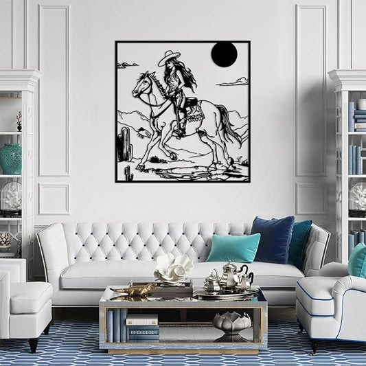 flyoak Vintage Western Cowgirl Metal Wall Decor, Rustic Cowgirl Riding Horse Metal Wall Sculpture, Southwestern Landscape Wall Art, Coastal Cowgirl Room Decor for Living Room (Black, 19x18in|47x45cm)