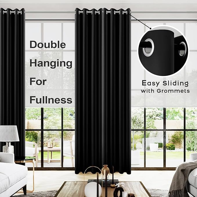 KOUFALL Black Blackout Curtains 120 Inches Long 2 Panels Burg for Living Room Grommet Top Heat Sun Blocking Extra Long Black Out Blinds Shades for Bedroom Windows,52x120 Inch Length