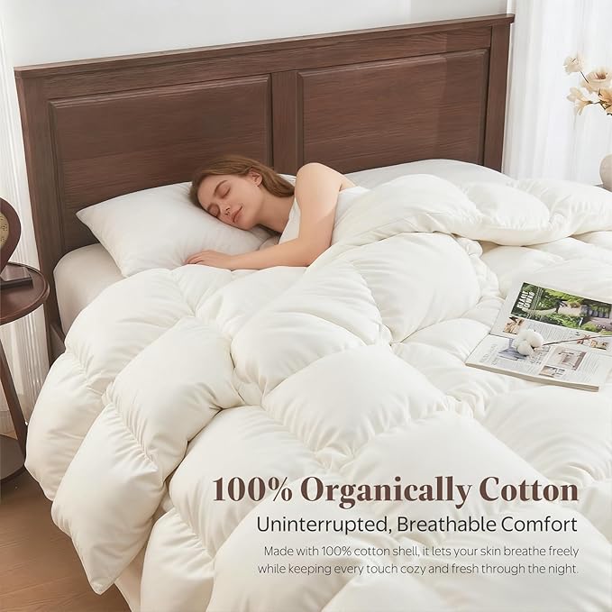 Organic Feather Down Fiber Comforter Full Size - 100% Cotton Shell All Season Duvet Insert, Medium Warmth Hotel Luxury Bedding Comforter(82x86 Inch, White)