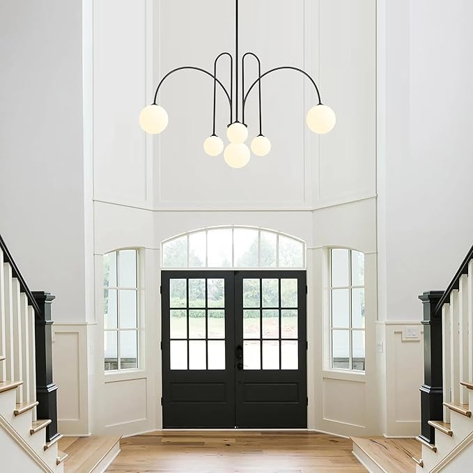 Black Sputnik Chandelier,6 Lights Modern Chandelier for Dining Room Mid Century Chandelier Large L49” Ceiling Pendant Light Fixtures with Milk Glass Globe Shades for High Ceiling Foyer Living Room