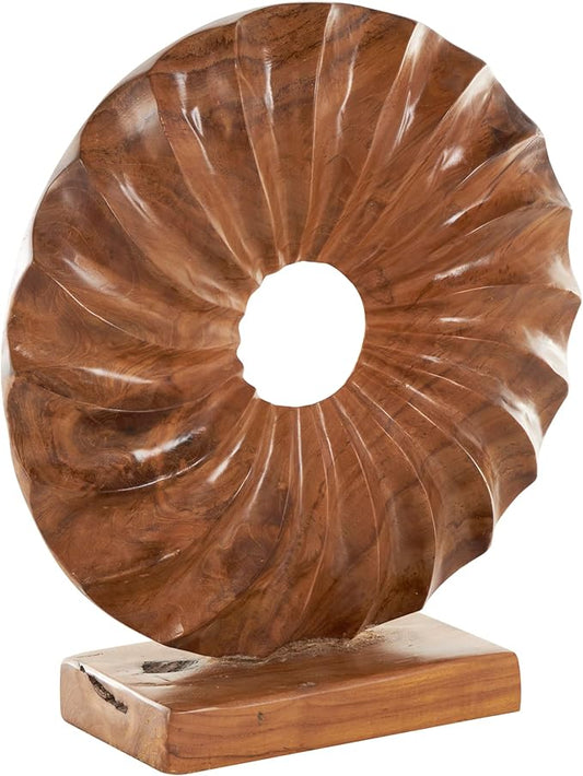 Deco 79 Teak Wood Abstract Handmade Decorative Sculpture Dimensional Circular Home Decor Statue with Center Cutout, Accent Figurine 16" x 5" x 17", Brown