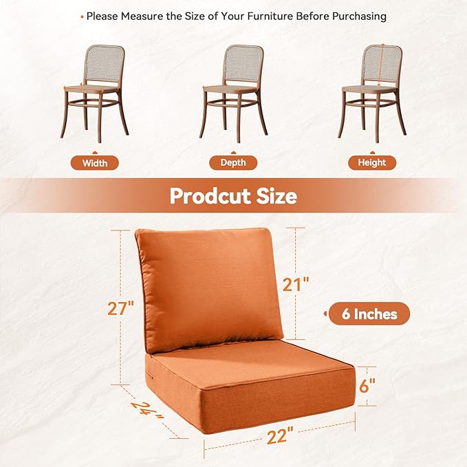 6" Thick Outdoor Cushions 22x24x6, 6-Set Deep Seat Patio Cushions with Removable Cover, Waterproof & Fade Resistant Replacement for Wicker Chair, Loveseat, Sofa - Orange
