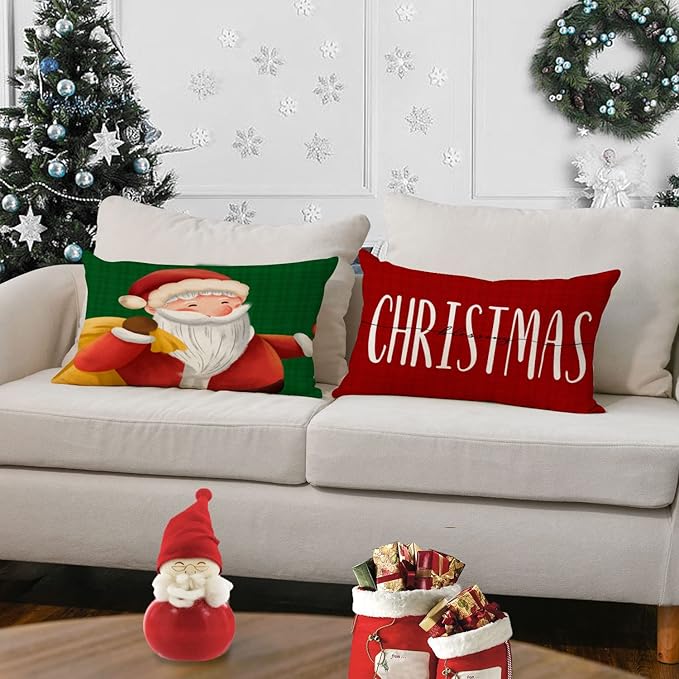 Merry Christmas Pillow Covers 12x20 Set of 4 Red Green Xmas Throw Pillow Covers Winter Holiday Pillow Covers Pillow Cases Home Outdoor Sofa Couch Cushion Covers for New Year(12 by 20)