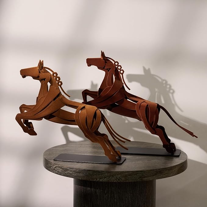 Handcrafted Flocked Iron Horse Sculpture, Handmade Rustic Metal Horse Statue, Dynamic Leaping Horse Figurine for Home Decor, Office Desk Decor, Gift for Horse Lovers