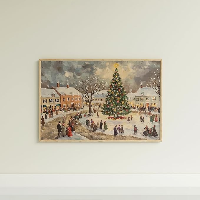 Vintage Winter Village Art for Holiday Home Decor, Snowy Christmas Tree Town Scene Wall Art, Xmas Print, Festive Winter Gathering Artwork, Classic Seasonal Christmas Decoration (Unframed) (12x18)