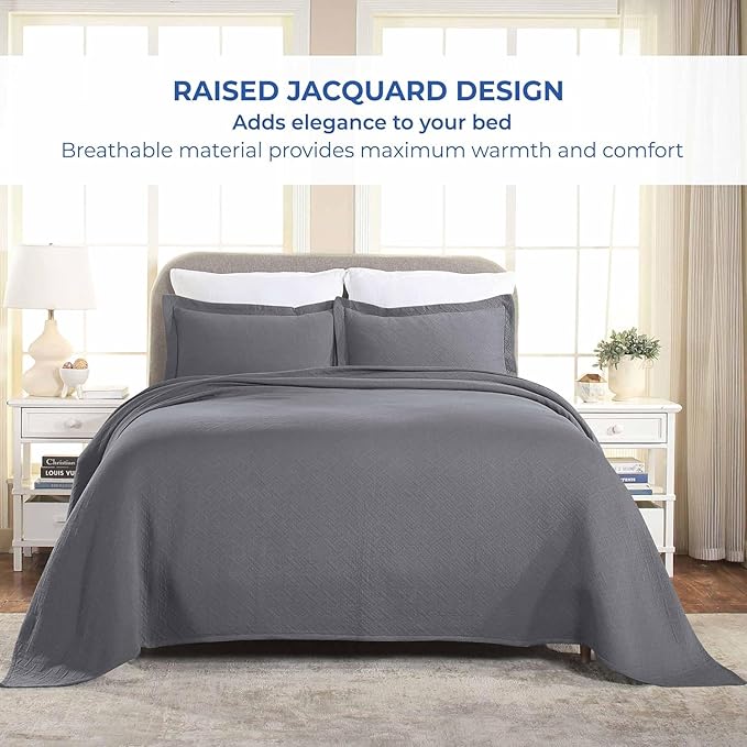 Superior 100% Cotton Basket Weave Bedspread with Shams, All-Season Premium Cotton Matelasse Jacquard Bedding, Quilted-Look Geometric Basket, King, Grey