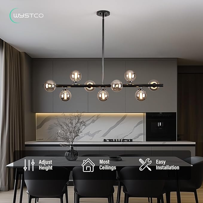 Mid Century Modern Globe Sputnik Chandelier, 9-Light Linear Chandeliers for Dining Room and Kitchen Island, Dining Light Fixture Over Table, Black and Smoke Grey Glass Bubble, 40 Inch