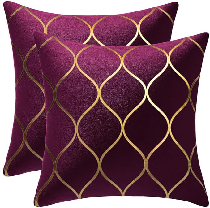 Gold Velvet Throw Pillow Covers Purple: 2 Pack 24x24 Inch Square Decorative Pillow Cases for Bedroom Sofa Couch Living Room