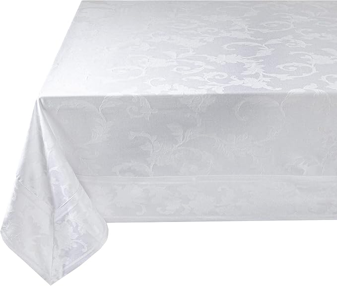 Benson Mills Harmony Scroll Woven Damask Fabric Tablecloth, Everyday, Parties, Special Occasions, Weddings and Holiday Table Cloth (60" X 120" Rectangular, White)
