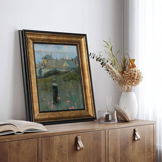 FOLKOR Framed Wall Art for Living Room, 8x10 Abstract Landscape Wall Decor for Dining Room Bathroom, Vintage Gold Photo Frame with Stand for Desk Shelf Side Table Decoration (Sunset)