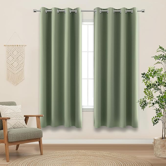 KOUFALL 64 Inch Curtains Sage Green Blackout Curtains Boho Decor for Living Room 2 Panels Set Grommet Room Darkening Insulated Thermal Drapes Window Treatment,Light Sage