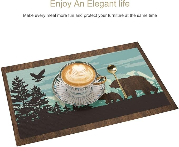 Rustic Bear Placemat Set of 4, 12x18 Inch Retro Blue Wooden Wildlife Animal Forest Pine Tree Cabin Country Lodge Coffee Table Mats for Farmhosue Outdoor Kitchen Dining Table Decoration