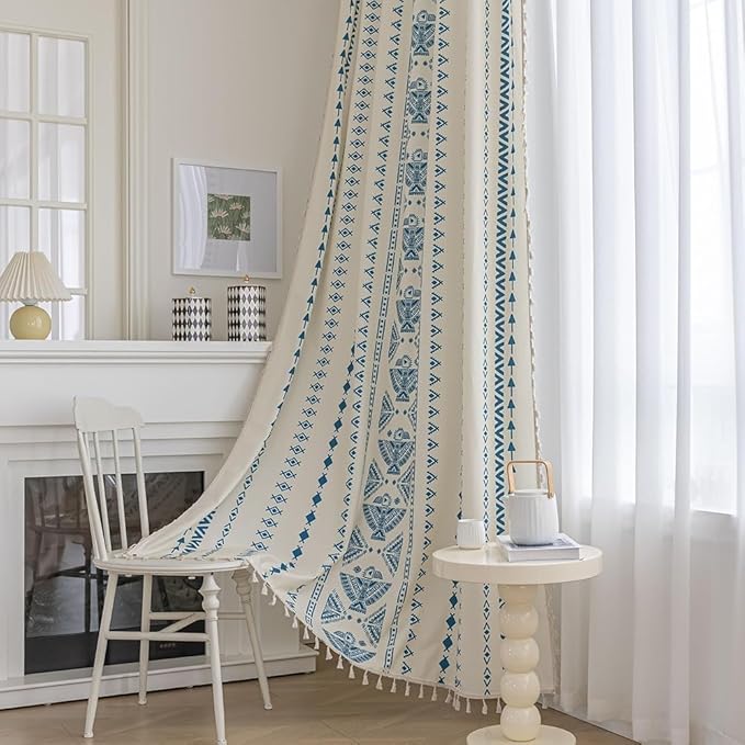 Boho Curtains Geometric Light Filtering Semi-Blackout Window Curtains 102 Inches Long Rod Pocket Drapes for Living Room 2 Panels-Blue Totem