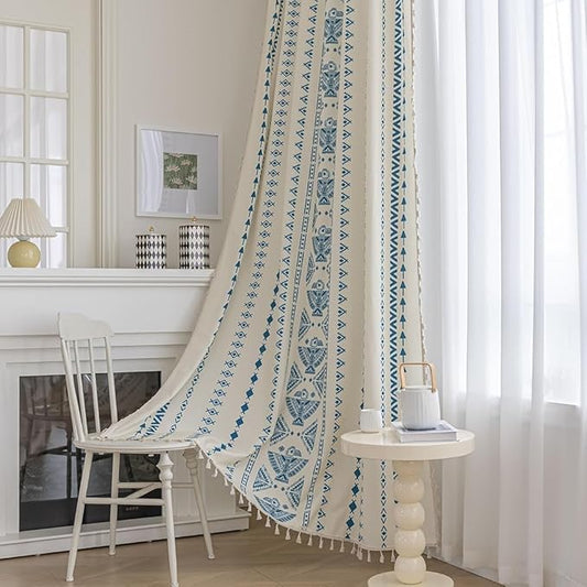 Boho Curtains Geometric Light Filtering Semi-Blackout Window Curtains 72 Inches Long Rod Pocket Drapes for Living Room 2 Panels-Blue Totem