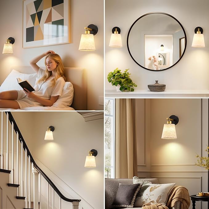 JOOSENLUX Battery Operated Wall Sconce Set of 2 with Fabric Shade – Rechargeable Cordless Wall Lamps, Remote Control, Dimmable LED, Black and Gold, Modern Decorative Accent Light