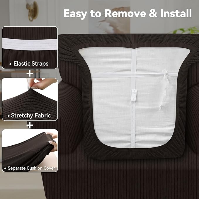 Waterproof Chair Cover with Arms 2-Piece Set Striped Slipcover for 1 Separate T Cushion Couch - TPU Fabric Armchair Covers Leakproof Couch Protector for Kids, Pets(Chair, Coffee)