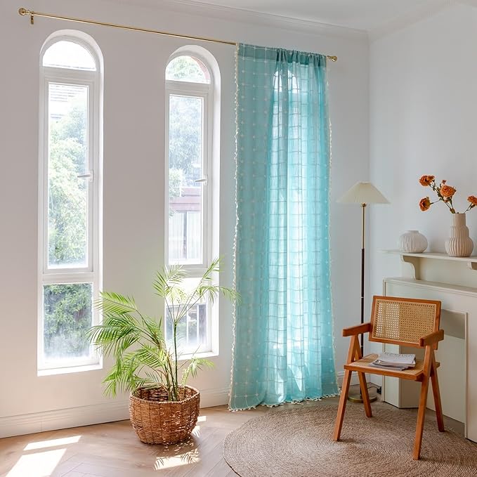 Sutuo Home Boho Curtain Plaids for Bedroom, Vintage Gingham Curtains Cottage Farmhouse Tassels Window Treatment Bohemian Embroidery Drape for Home Decor, Rod Pocket 1 Panel 52" W x 84" L, Aqua Blue