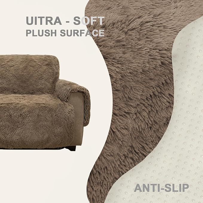 Plush and Fuzzy Shaggy Couch Cover, Dog Pad Faux Fur Sofa Cover, Water Resistant Slipcover, Non-Slip Furniture Protector for Kids,Dogs,Cats.(Brown, Small-XL Chair)