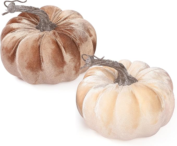 2pcs Velvet Fake Pumpkins Fall Harvest Fabric Foam Pumpkin Thanksgiving Halloween Decor for Table Centerpiece Wedding Farmhouse (2, Beige Coffee, M)