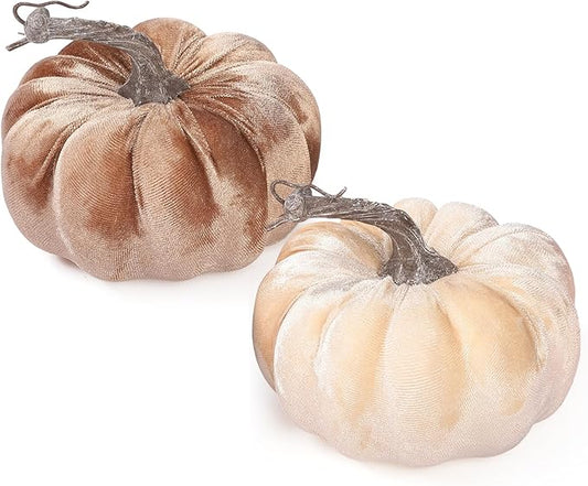 2pcs Velvet Fake Pumpkins Fall Harvest Fabric Foam Pumpkin Thanksgiving Halloween Decor for Table Centerpiece Wedding Farmhouse (2, Beige Coffee, M)