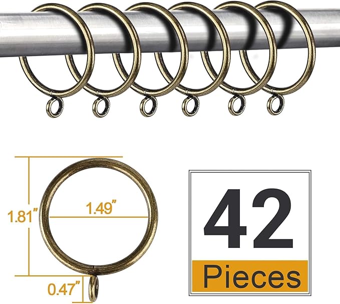 42 PCS Curtain Rings, 1.5 inch Metal Curtain Drape Sliding Eyelet Rings-Hanging Rings for Curtains and Rods, Fits Up to 1 1/4-Inch Rod, Antique Bronze(Clips Not Included)