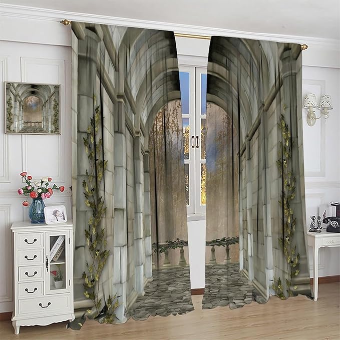 Abstract Mid Century Gothic Arch Blackout Curtains, Vintage Watercolor Forest Old Western Architecture Window Drapes, for Living Room Bedroom 36(W)*63(L) 2 Panels