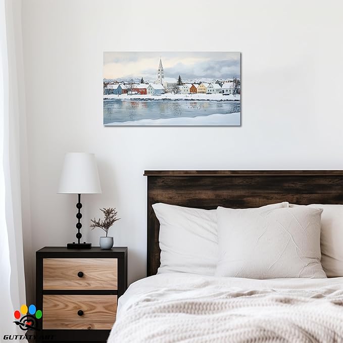 GUTTATY Christmas Winter Scene Canvas Wall Art, Snowy Village Houses & Church Wall Decor, Serene Winter Pictures, Holiday Wall Prints for Living Room, Bedroom, Office, 16x8 Inch