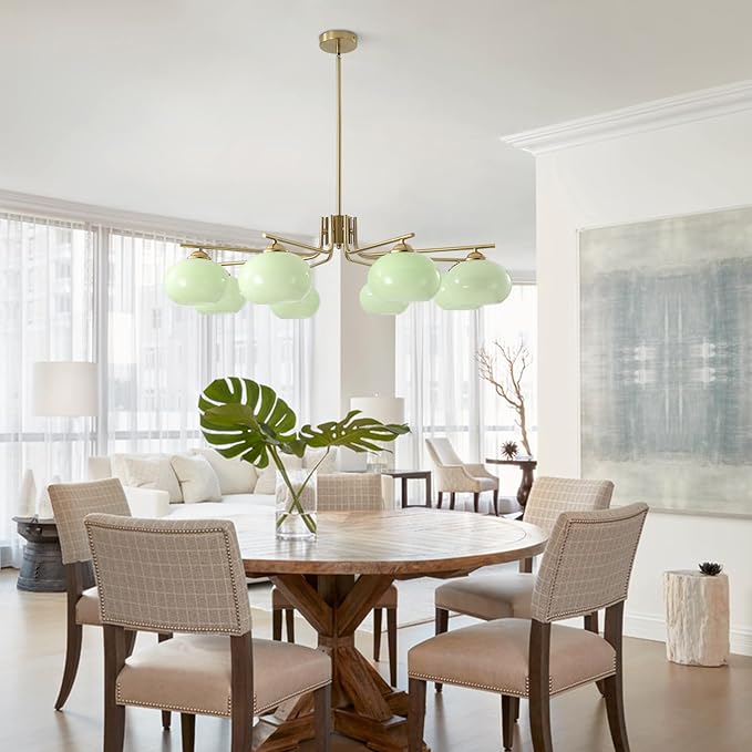 KCO Lighting 8 Lights Green Glass Chandelier Mid Century Modern Globe Chandelier Brass Gold Sputnik Chandelier Light Fixture Green Sputnik Ceiling Light for Dining Room Living Room