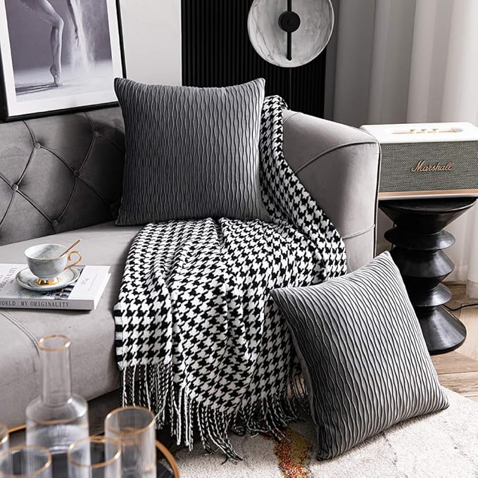Grey Striped Decorative Pillow Cases: 2 Pack 16x16 Inch Original Velvet Square Throw Pillow Covers for Farmhouse Couch