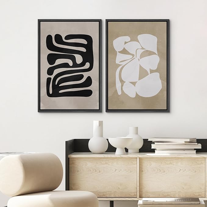 SIGNWIN Framed Canvas Print Wall Art Set Mid-Century 1960s Chic Polygon Collage Abstract Shapes Illustrations Modern Art Minimal Boho Relax/Calm for Living Room, Bedroom, Office - 24"x36"x2 Black