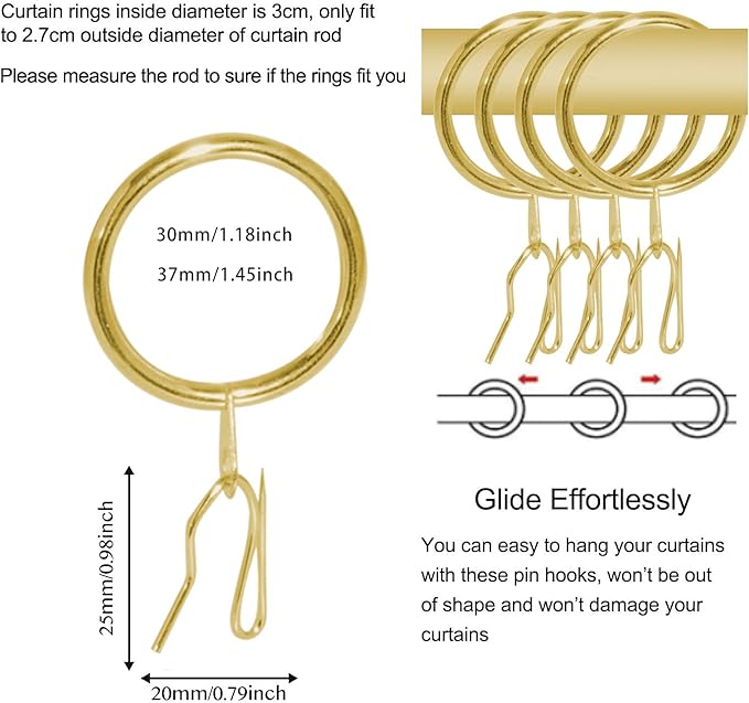 40 Pcs Metal Curtain Rings Drapery Rings Curtain Rod Rings and Metal Curtain Hooks Drapery Hooks Drapery Pins, 30 mm Internal Diameter Curtain Hanging Rings for Window Door Shower Curtain (Gold)