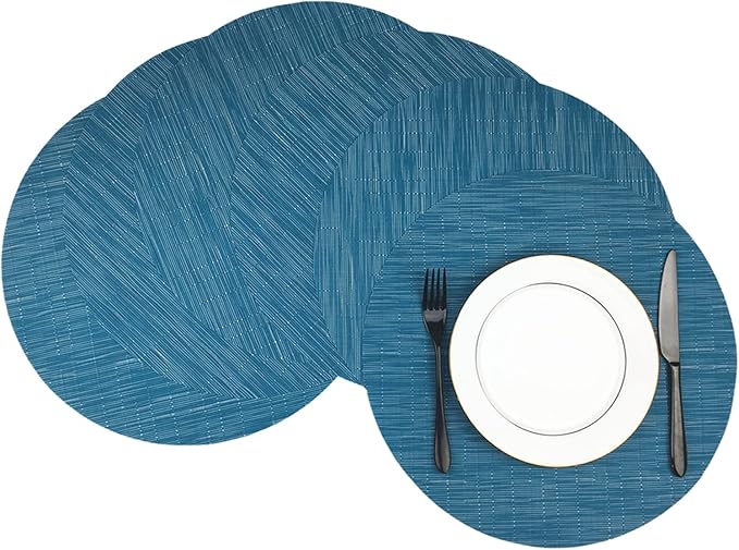 WAZAIGUR Round Placemats Set of 6 Woven Vinyl Easy to Clean Heat Resistant Kitchen Table Mats 15 Inch(Blue 6)