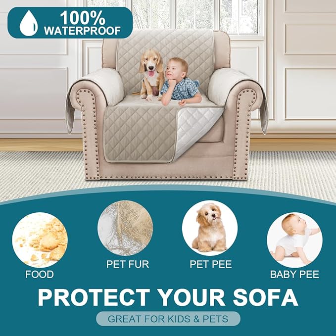 Turquoize 100% Waterproof Sofa Covers Chair Cover Slipcover Couch Protector Triple Non-Slip Sofa Slipcover for 1 Cushion Furniture Protector for Pets, Kids,Dog (Chair 23", Pale Oak)