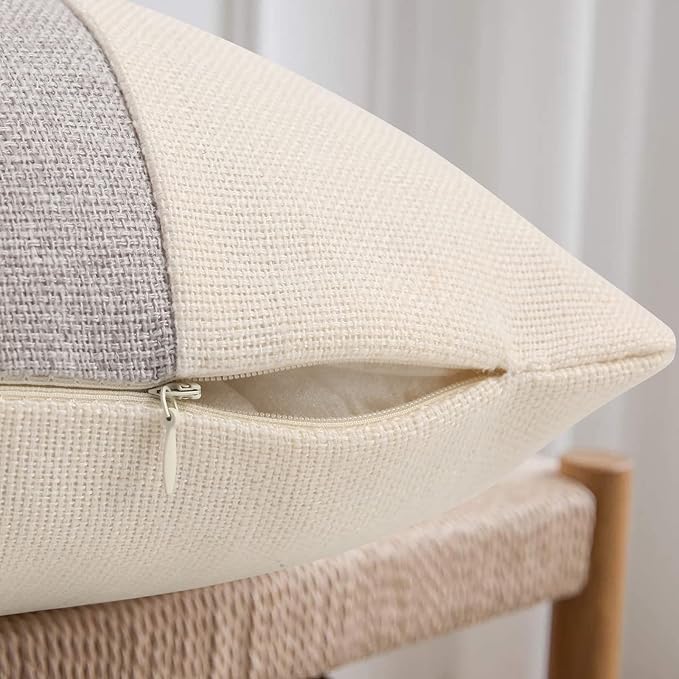 Pyonic Pack of 2 Boho Throw Pillow Covers Farmhouse Decorative Lumbar Pillowcases for Couch Sofa Living Room Outdoor Decor,Cream White and Grey,12 x 20 Inch
