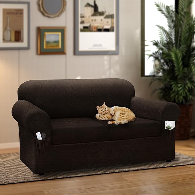 Loveseat Slipcover with Armrest Pockets 3-Piece Set, Stretch Faux Leather Love Seat Covers for 2-Cushion Couches(Fits 58-66") - Non-Slip, Machine Washable, Pet & Kid Friendly - Dark Brown