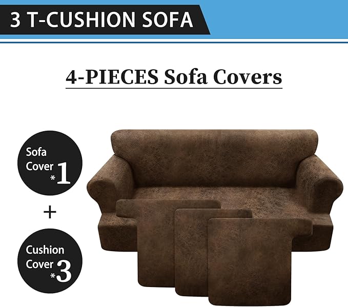 4-Piece T Couch Cover - Leather Look Slipcovers for 3 Cushion Sofa, Brown