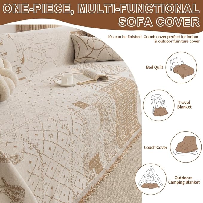 ROOMLIFE Boho Khaki Couch Covers for 3 Cushion Sofa, Chenille Couch Cover Sectional Sofa Cover for Dog, Washable Furniture Sofa Protector Cover Soft Blanket with Tassel for Living Room, 71 '' X 150''