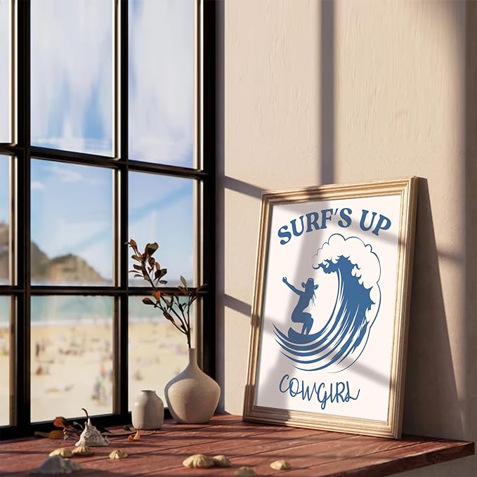 Blue Coastal Cowgirl Surfer Girl Canvas Posters Unframed, Beachy Preppy Aesthetic Room Decor Pictures, Beachy Preppy Aesthetic Room Decor Pictures For Teen Girl Dorm Apartment Decoration - 8" X 10"