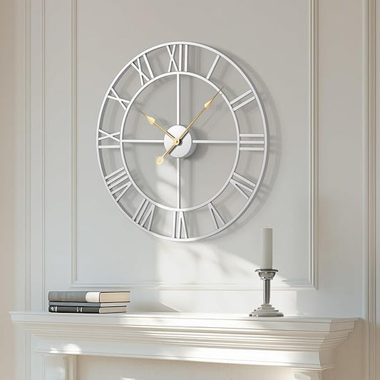 Large Wall Clock 20 Inch Silver Decorative Clock, Modern Metal Round Wall Clock Roman Numerals Battery-Operated Wall Clocks for Living Room Bedroom, Kitchen, Office