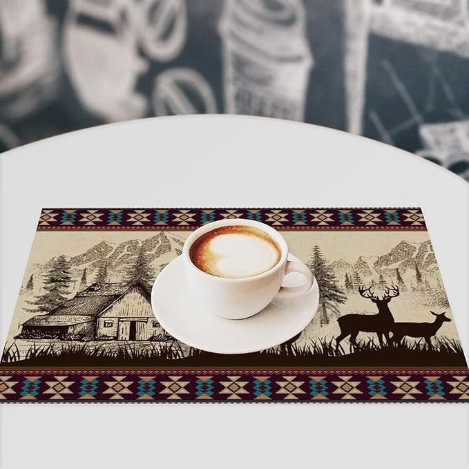 Rustic Animal Placemat Set of 4, 12x18 Inch Vintage Bear Deer Wild Animal Aztec Forest Pine Tree Cabin Country Lodge Coffee Table Mats for Outdoor Kitchen Dining Table Decoration